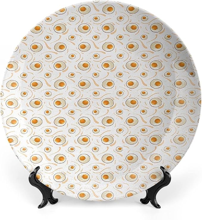 Decorative Plates, AST Food Print Ornament, Pattern with Fried Eggs Healthy Protein, 8 Inch, Kitchen Wall Decor, Marigold Peach Cream