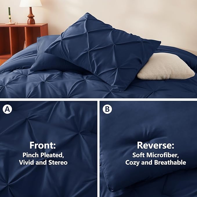 CozyLux Oversized Queen Comforter Sets Navy Blue, 7 Pieces Oversized Queen Pintuck Bed in A Bag, Pinch Pleat Bedding Sets with All Season Comforter, Flat Sheet, Fitted Sheet, Pillowcases & Shams