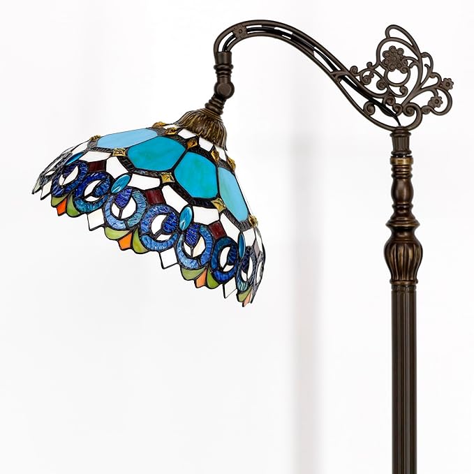 Tiffany Floor Lamp Stained Glass Lamp 18.88X12X67 Inch Angle Adjustable Arched Gooseneck Antique Reading Light (Blue Jewelry Baroque)