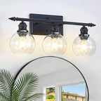 3-Light Bathroom Light Fixtures Matte Black Vanity Light Over Mirror Modern Vanity Lighting with Clear Glass Globe Vintage Wall Sconce for Kitchen Living Room Hallway Bedroom