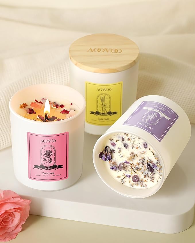 AOOVOO Rose/Vanilla/Eucalyptus/Lavender Scented Candles for Women - Aromatherapy Candle with Crystals Inside, 40oz Soy Candles for Home Scented, Birthday Gifts Valentines Day Candle for Women Mom