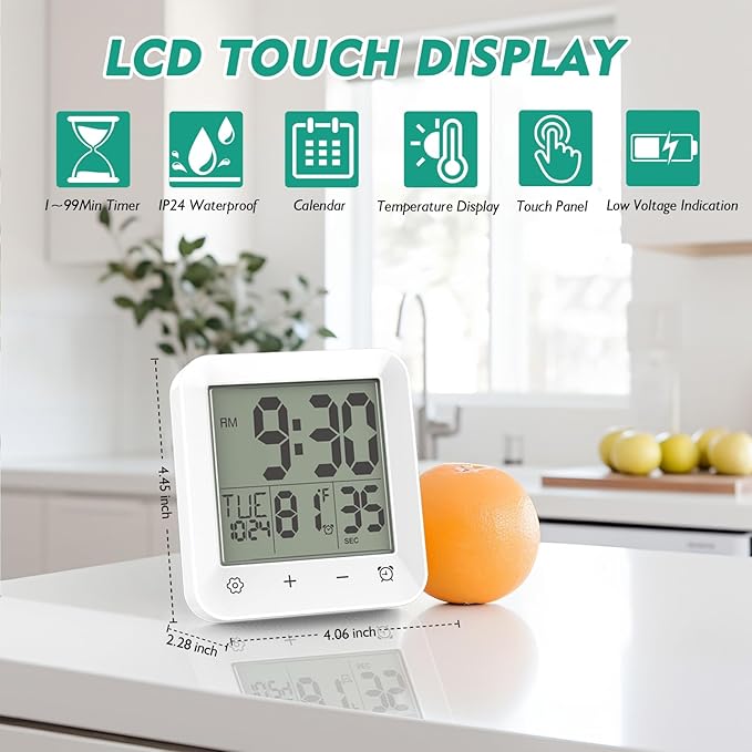 Shower Clock Waterproof, Bathroom Kitchen Wall Clock Timer with Touch Screen, Temperature, Battery Operated, Suction Cup Hanging Hole Stand, White