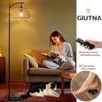 Boho Rattan Floor Lamp with Hand-Woven Wicker for Living Room,Modern 3-Tier Tall Floor Lamp with 3 Color Temperatures Remote & Dimmable 9W Bulb for Dining Room Bedroom Office Hotel(Brown)