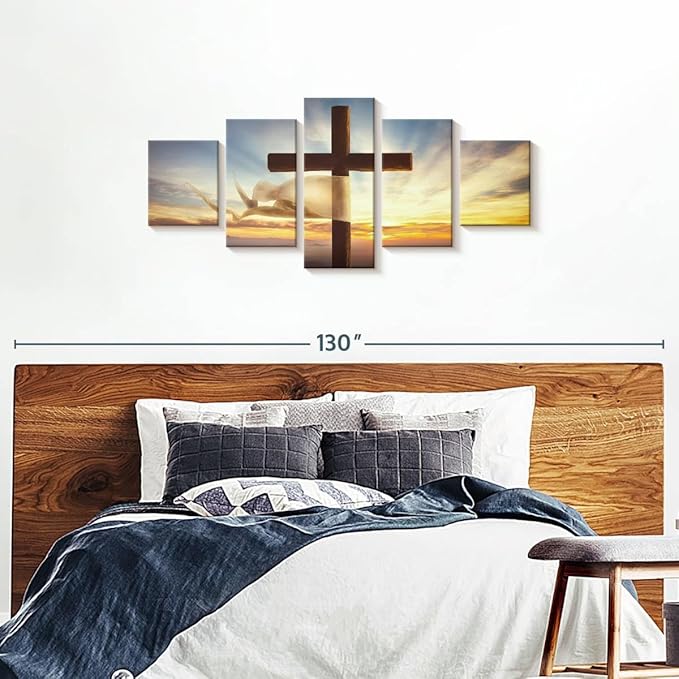 Elephant Stock Holy Cross Wall Art Multi Piece Canvas - 5 Panel Christian Pictures Decor - Digital Design Canvas Print - Christian Wall Decor - 74" X 34"