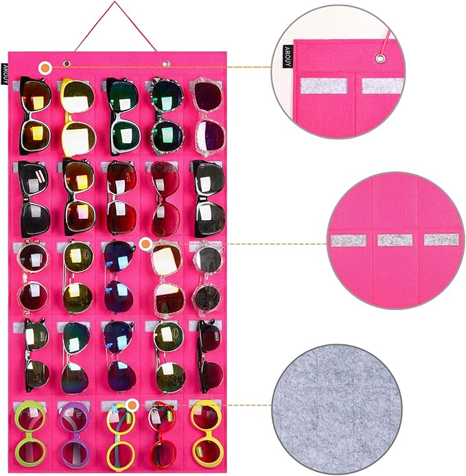AROUY Sunglasses Organizer Storage, Hanging Wall Pocket Glasses Organizer - 25 Felt Slots Sunglass Organizers Holder Eyeglass Display with Sturdy Rope (Large, Rose)