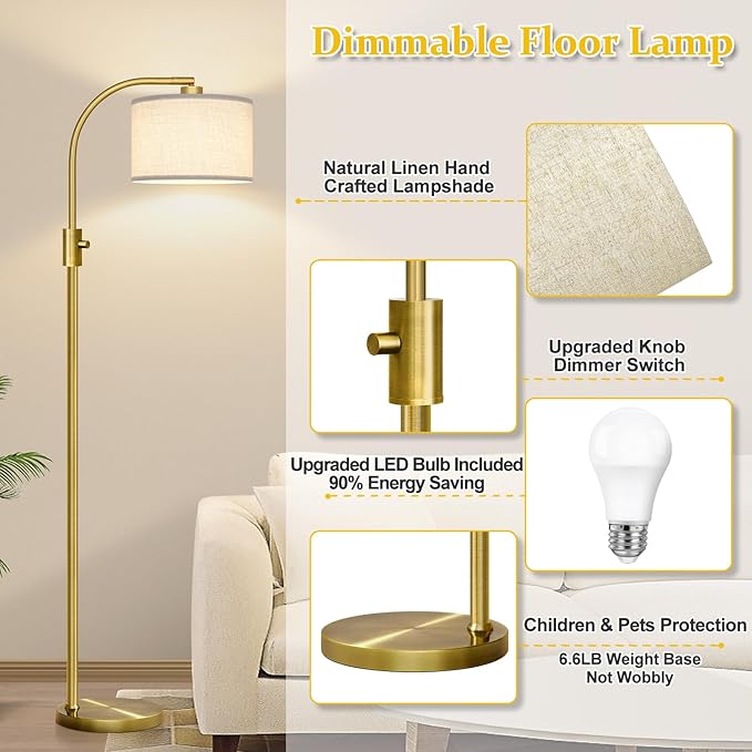 Nintiue Upgraded Modern Arc Dimmable Tall Standing Floor Lamp with Linen Shade, 1200 Lumens LED Bulb Included, for Living & Reading Room, Bedroom, Office & Nursery, Brass