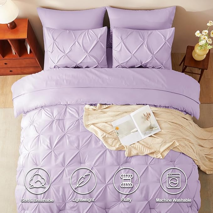 CozyLux Full Size Comforter Sets Lavender, 7 Pieces Bed in A Bag Light Purple Comforter Full Size, Pinch Pleat Bedding Sets with All Season Comforter, Sheets, Pillowcases & Shams
