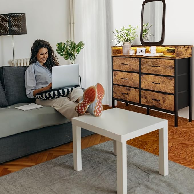 BOLUO Brown Dresser with LED Light and Charging Station for Bedroom 6 Drawer Dresser with USB Outlet, Fabric Dressers & Chests of Drawers Modern