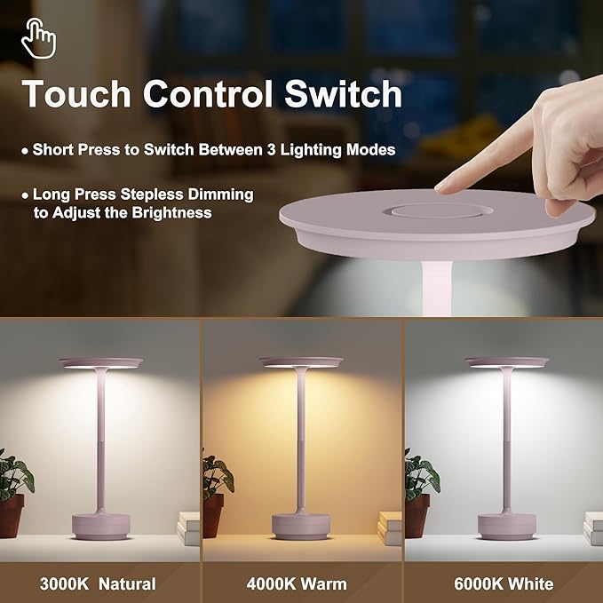 Rechargeable Cordless Table Lamps, 5000mAh Portable LED Table Light, 3 Color Stepless Dimming Battery Powered Metal Table Lamp for Outdoor Patio/Bedroom/Restaurant.(Light Pink)