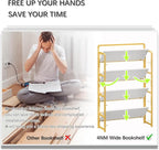 4NM No Assembly Extra Wide 4 Tiers Folding Bookshelf Storage Shelves Vintage Bookcase Standing Racks Study Organizer Home Office (White Gold)