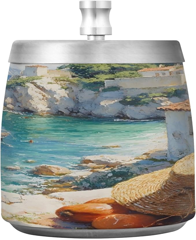 Seaside House Painting Ashtray with Lid, Outdoor Ashtrays for Patio, Stainless Steel Ashtray Odorless Smokeless for Home Office Balcony