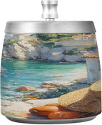 Seaside House Painting Ashtray with Lid, Outdoor Ashtrays for Patio, Stainless Steel Ashtray Odorless Smokeless for Home Office Balcony