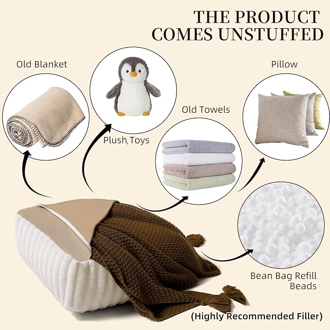 Unstuffed Pouf Ottoman Cover Soft Storage Extra Seat Farmhouse Comfortable Bohemian Poufs Accent Footrest 20x20x8 Inches for Living Room Bedroom Study Nook (White, Square)