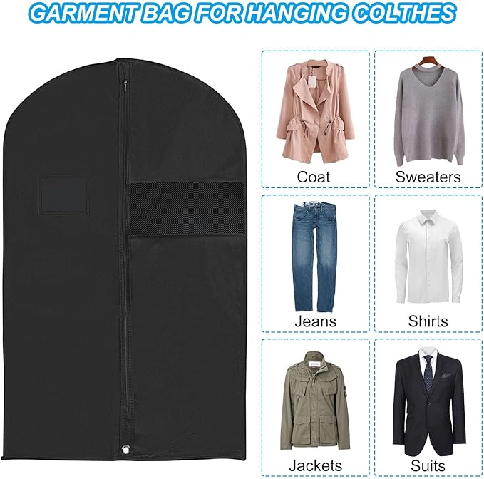 PATIKIL 60" Garment Bag, 3 Pack Breathable Suit Bag for Storage Hanging Clothes Dustproof Garment Covers for Suits Coats Dresses, Black