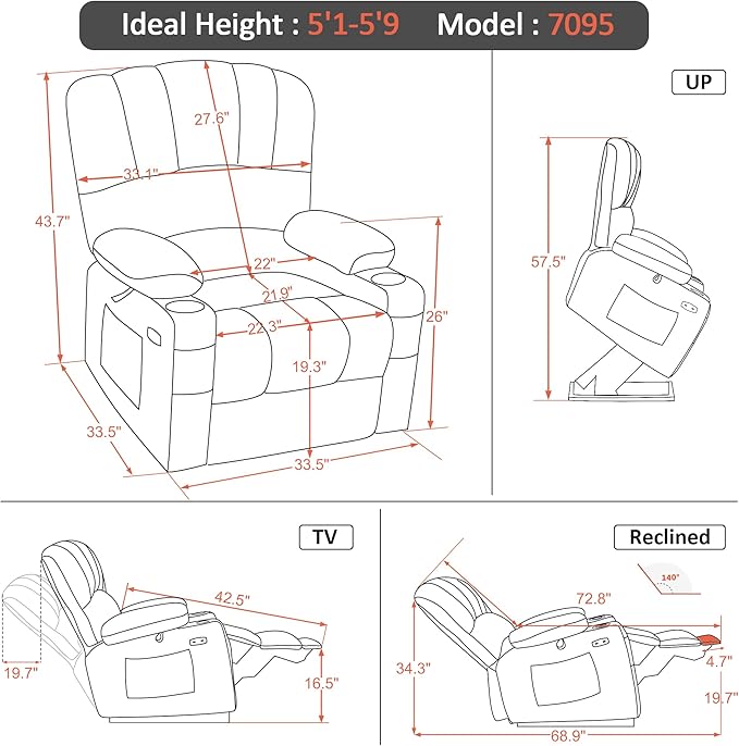 MCombo Power Lift Recliner Chair for Elderly, Lift Chair with Heat and Massage, USB &Type C Ports, Cup Holders, Fabric 7095 (Medium, Grey)