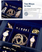 Homde Valentine's Day Gifts Synthetic Leather Huge Jewelry Box Mirrored Watch Organizer Necklace Ring Earring Storage Lockable Gift Case (Dark Blue + Gold)