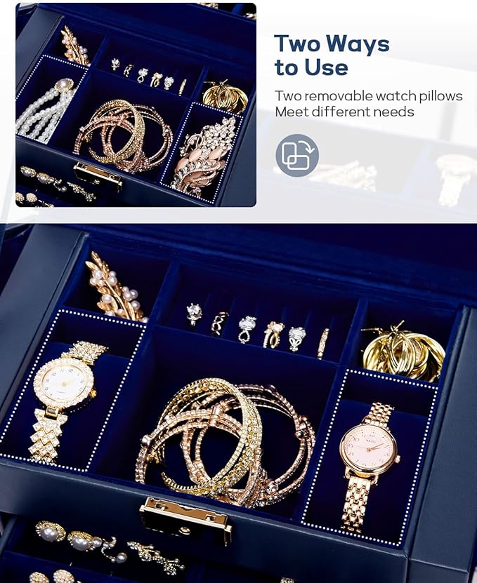 Homde Valentine's Day Gifts Synthetic Leather Huge Jewelry Box Mirrored Watch Organizer Necklace Ring Earring Storage Lockable Gift Case (Dark Blue + Gold)