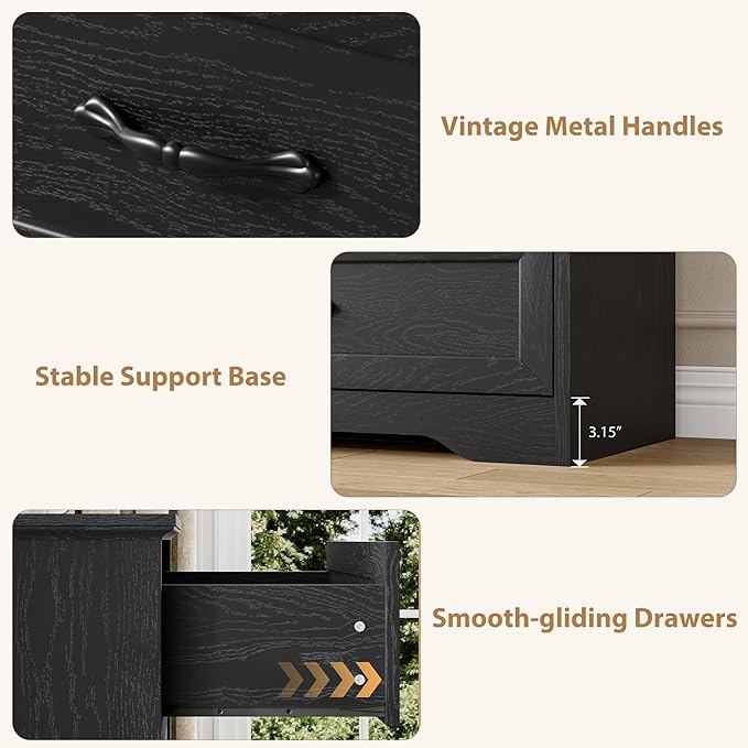 GAOMON Farmhouse 6 Double Drawers Dresser for Bedroom, 47.2'' Wide Chest of Drawer, Wooden Horizontal Dresser with Metal Handles and Stable Base, Modern Cabinet for Bedroom, Living Room, Black