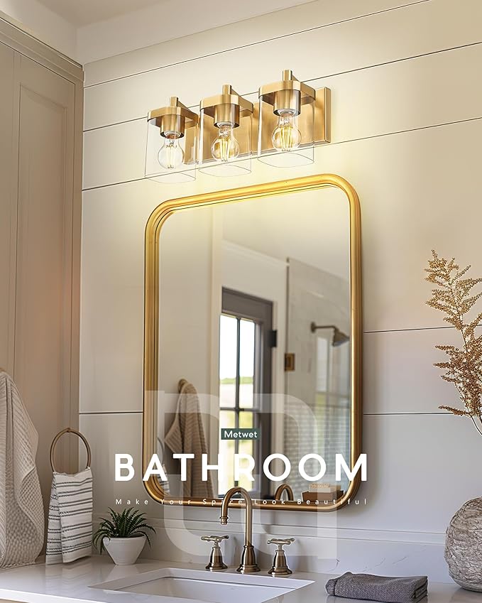 Bathroom Light Fixtures Over Mirror, 3-Light Brushed Gold Vanity Light with Square Clear Glass Shade, Modern Wall Sconces, Vanity Lighting Fixtures, VL194-BG-3
