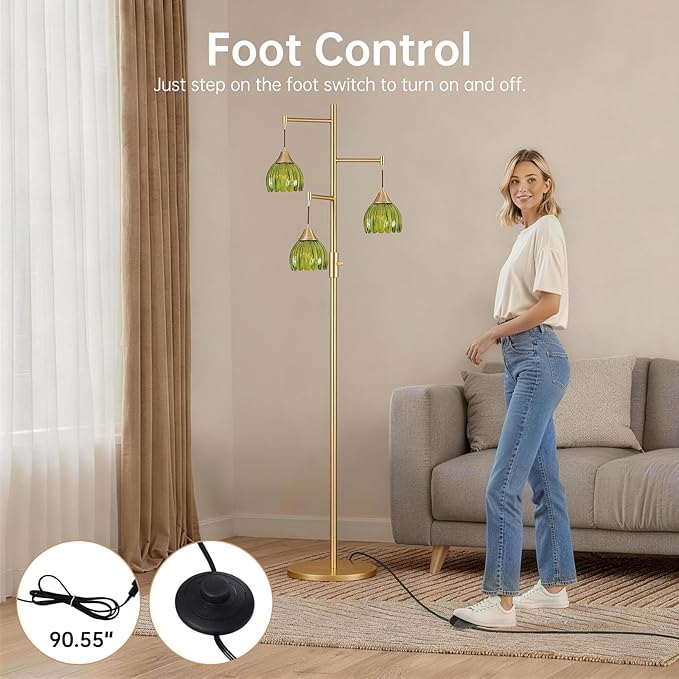Dimmable Floor Lamp for Living Room, Bedroom, Gold Standing Lamp with 3pcs 6W Bulbs, Vintage Brass Floor Lamps for Corner, Nursery (Green Tulip)