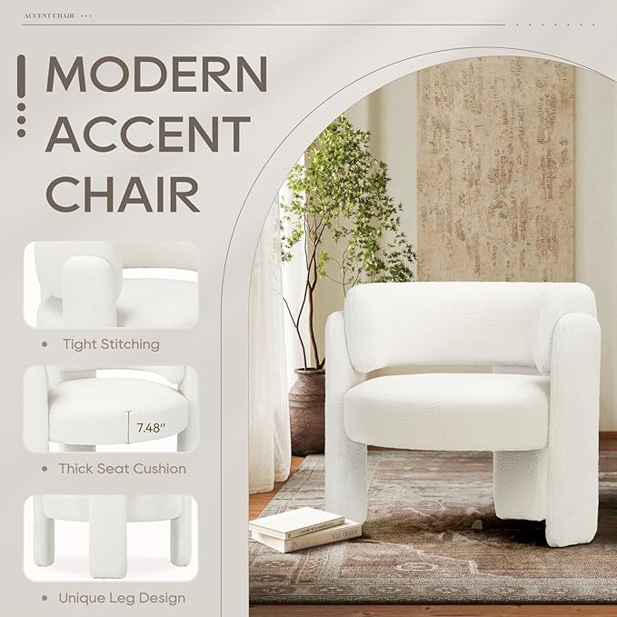 COLAMY Modern Accent Chair, Upholstered Barrel Chair, Comfy Sherpa Side Arm Chair with 3 Legs for Living Room, Bedroom, Reading, Cream