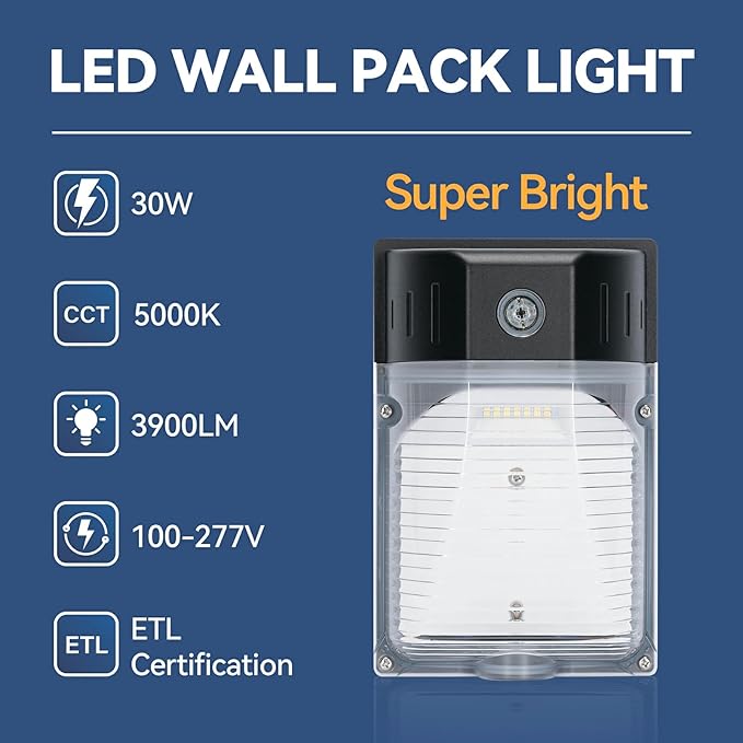 30W LED Wall Pack Light with Photocell 2Pack, 3900LM, 5000K Daylight, LED Wall Lights IP65 Waterproof Outdoor Security Flood Lighting for Yard Garage Warehouse Garden, 100-277VAC, ETL Listed