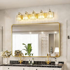 5-Light Modern Vanity Lights Brushed Brass Bathroom Light Fixtures Over Mirror Gold Bathroom Vanity Lighting with Crystal Shade E26 Base Wall Sconce for Bedroom Living Room Restroom Wall Lamp