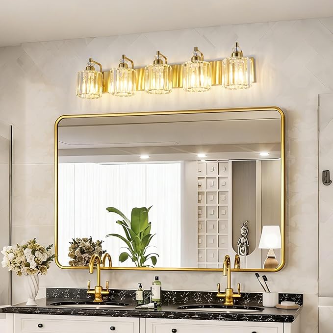 5-Light Modern Vanity Lights Brushed Brass Bathroom Light Fixtures Over Mirror Gold Bathroom Vanity Lighting with Crystal Shade E26 Base Wall Sconce for Bedroom Living Room Restroom Wall Lamp