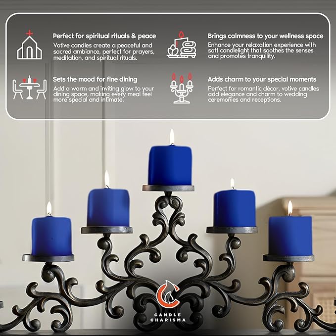 Candle Charisma Blue Unscented Votive Candles - 15 Hour Burn time - Set of 36 for Dinner, Wedding, Halloween and Holiday Decorations