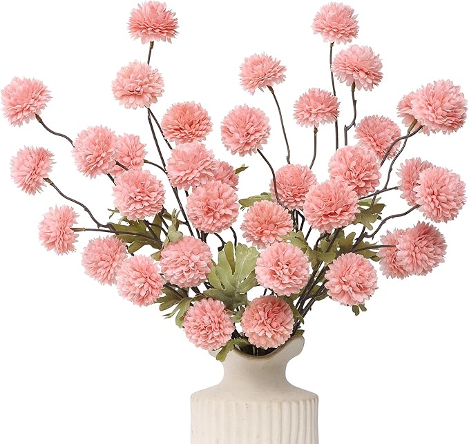DuHouse 6pcs Artificial Flowers Faux Silk Pompon Mum,Silk Small Mini Chrysanthemum Ball with Stems for DIY Bouquets Centerpieces Vase Home Table Kitchen Decorations(Blush)