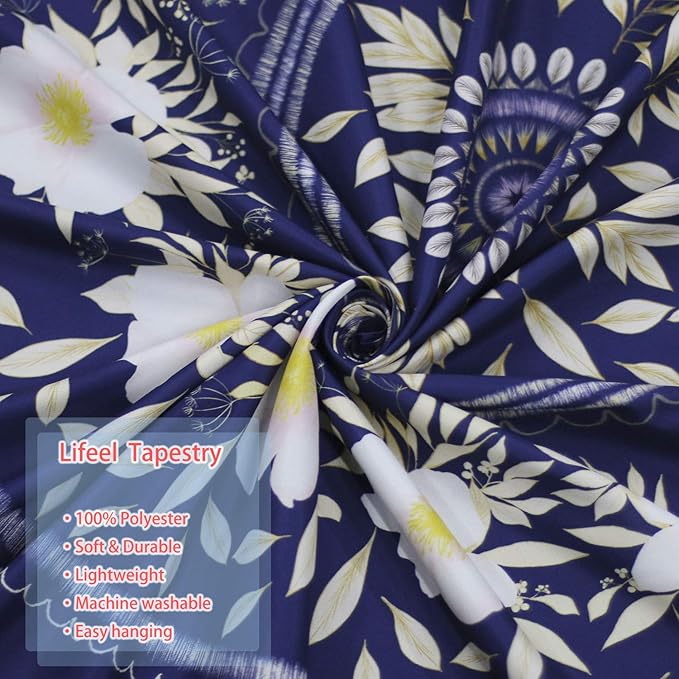 Lifeel Blue Bohemian Tapestry Wall Hanging, Mandala Floral Medallion Hippie Tapestry with White Aesthetic Wreath Design, Navy Wall Decor Blanket for Bedroom Home Dorm, Large 68×80 inches