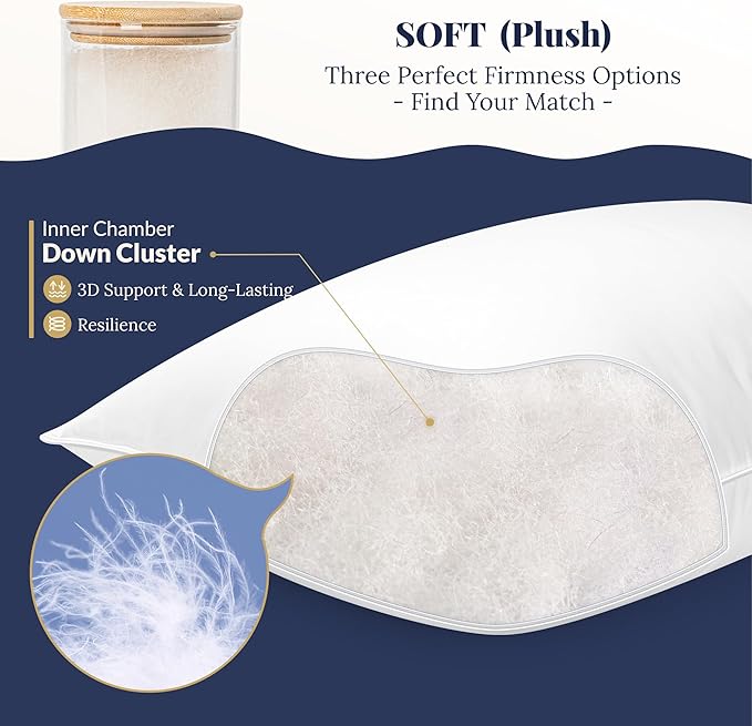 White Goose Down Pillow - Luxury Hotel Bed Pillow with 100% Natural 1000+ Fill Power Goose Feather Down Pillow for Sleeping, 700TC Cotton Shell, Standard Size- Soft, 1 Pack