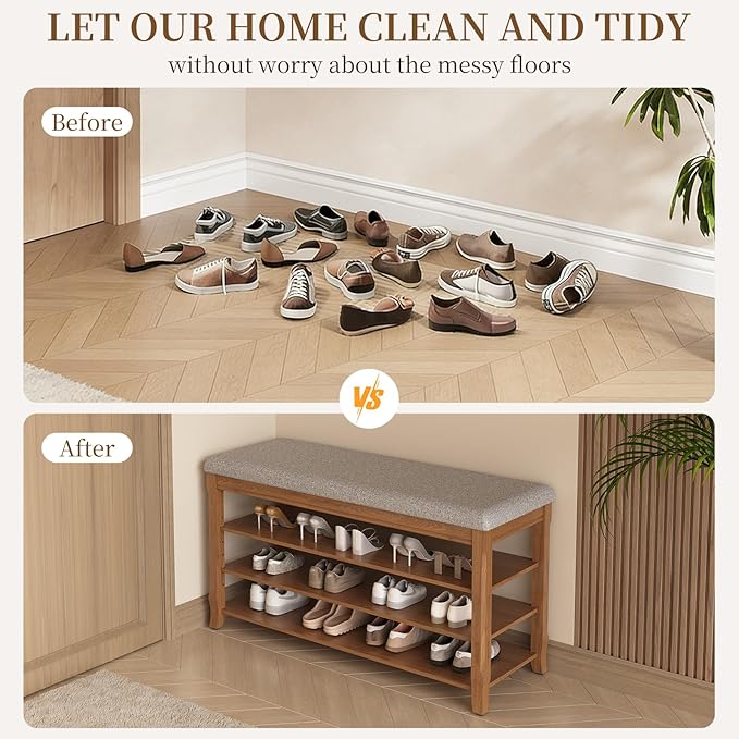 Solid Wood Shoe Bench with Storage, Flip-Top Soft-Close Lid, Adjustable Shelves, Cushioned Entryway Shoe Rack Organizer, 31.5”
