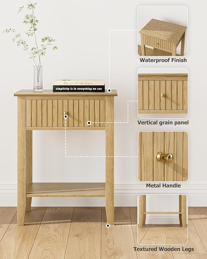 Fluted Nightstand, Farmhouse Night Stand with 1 Drawers, Mid Century Modern Side Accent Table,Bedside End Table for Bedroom, Living Room, Yellow Oak