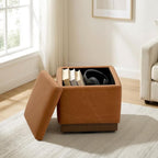 Swivel Storage Ottoman with Hidden Compartment, Square Faux Leather Footstool, Solid Acacia Wood Frame, 500 lbs Capacity, No Assembly Required, for Living Room & Bedroom