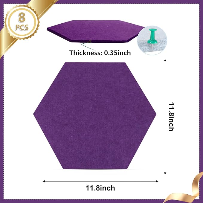 8 Packs Hexagon Felt Pin Board, 12" Bulletin Board with 30 Push Pins, Felt Board for Home Kitchen Office Decor, Self-Adhesive Corkboard Tiles for Walls School Message Photos Memos-Purple