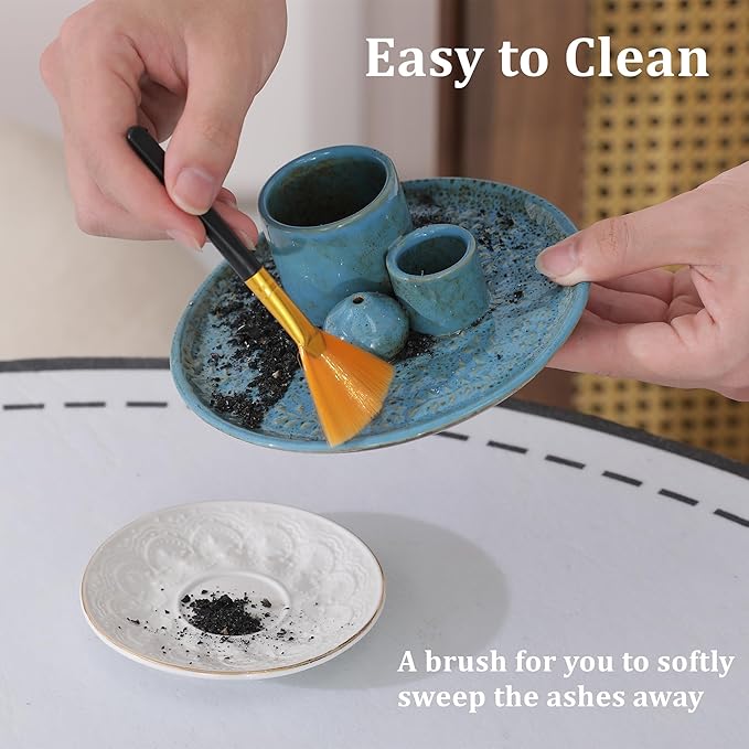 5 in 1 Incense Holder Burner, 5.9" Ceramic Holder for Burning Palo Santo Sage Candle and Incense Sticks Cones, Ash Catcher Tray for Meditation Room Home Décor(Blue)
