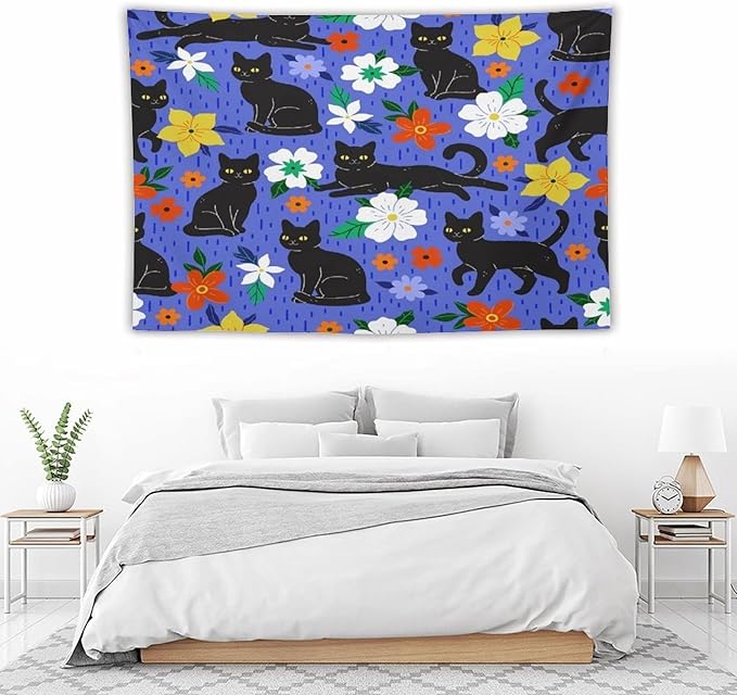 VUMIVI Black Cat Floral Tapestry Red White Hand-Painted Flowers Cute Animals Kids' Doodles Tapestry Wall Hanging for Living Room Bedroom Dorm Classroom Aesthetic Decor W90xL60in