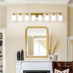 Bathroom Vanity Light,8-Light Brushed Gold Bathroom Light Fixtures with Square Frosted Glass, 51in Gold Wall Lamp Sconces for Mirror Bedroom,Living Room Hallway,E26
