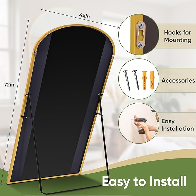 Full Length Mirror, 72"x44" Arched Full Body Mirror, Oversized Floor Mirrors, Leaning Free Standing Mirrors, Hanging Mounted Large Mirrors for Bedroom Dressing Room, Cloakroom, Gold