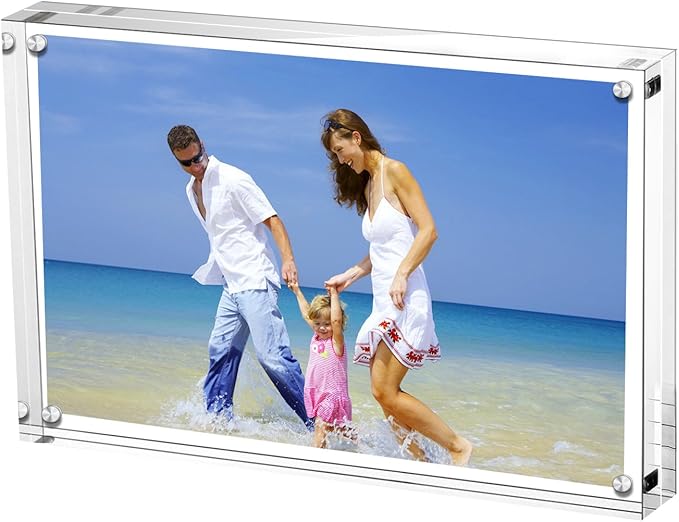 Acrylic Picture Frames, 4x6 inch Clear Double Sided Block Set, Desktop Frameless Magnetic Photo Frame