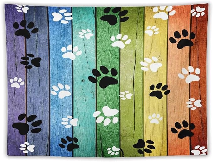 VUMIVI Dog Paw Tapestry Vintage Rustic Colorful Barn Boards Black White Animal Footprints Tapestry Wall Hanging for Living Room Bedroom Dorm Classroom Aesthetic Decor W80xL60in