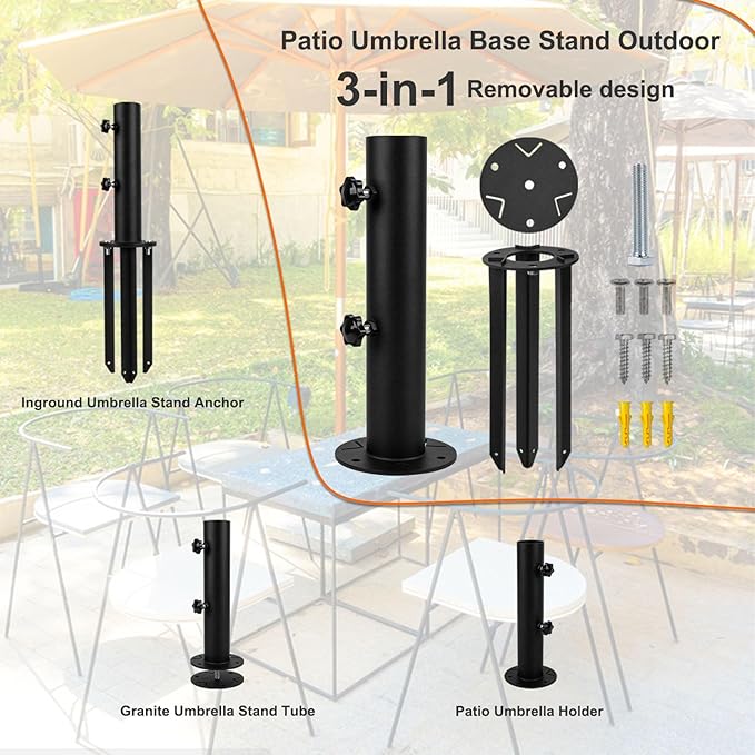Patio Umbrella Stand Base, In-Ground Umbrella Holder, Grass Umbrella Ground Stake, Removable Inground Umbrella Stand Anchor with 3 Spike,DIY Umbrella Stand Parts for Deck,Lawn,Beach,Table