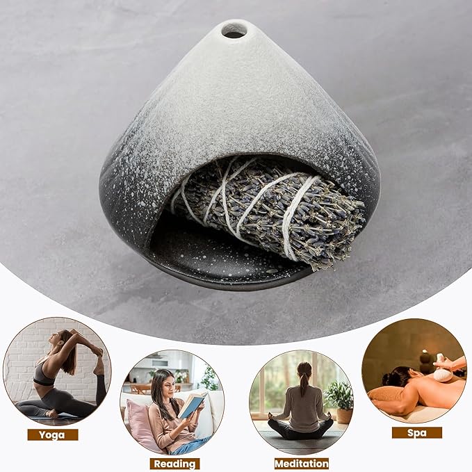 Palo Santo Holder, Mini Ceramic Zongzi Chimenea for Sage/Sticks/Cone, Modern Incense Burner for Yoga, Meditation, Energy Cleansing-Smudge Bowl with Ash Catcher, Anxiety Relief Gift for Women
