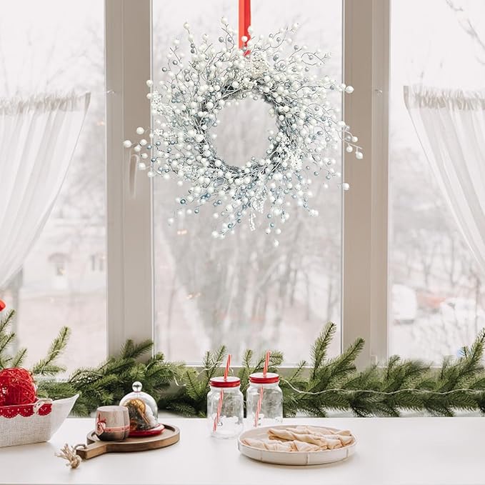 Huashen 24 Inch Spring Front Door Wreath Winter Berry Wreath Metallic Effect Pearl White & Silver Berry Christmas Wreaths for Front Door Wall Window Hanging Christmas Decoration Home Décor