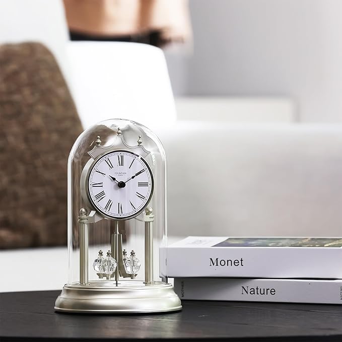 9" Genevieve Mantel Clock with Revolving Pendulum, 50th Anniversary Clock Glass Dome, Wedding Gifts, Desk & Shelf Clock for Living Room Fireplace Decor (Morning Sliver)