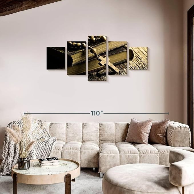 Elephant Stock Bible And Cross Wall Art Multi Piece Canvas - 5 Panel Christian Pictures Decor - Digital Design Canvas Print - Christian Wall Decor - 74" X 34"