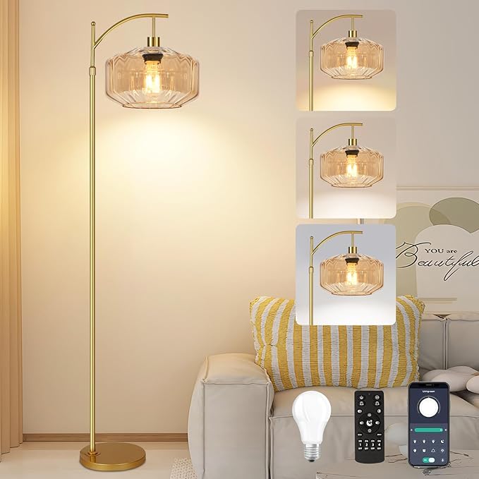 Gold Floor Lamps for Living Room Vintage Floor Lamp with Remote Control,Dimmable Floor Lamp Glass Mid Century Modern Standing Lamp 3 Color Temperature Brass Tall Floor Lamps for Bedroom Corner