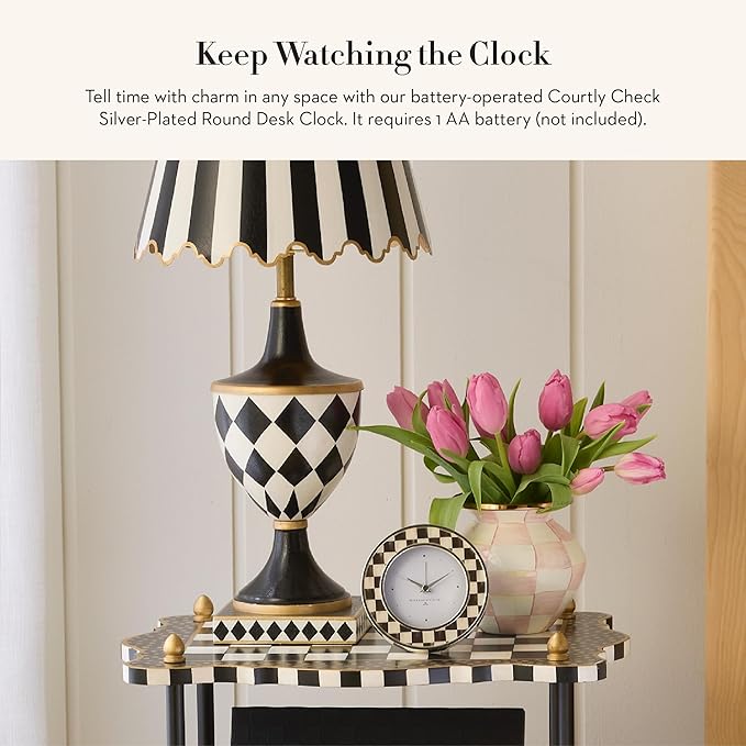 MACKENZIE-CHILDS Silver-Plated Round Desk Clock, Decorative Clock for Living Room, Kitchen, or Office, Black-and-White Courtly Check