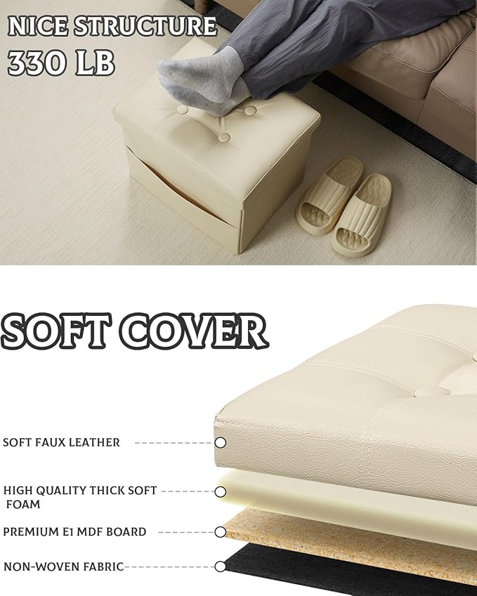 Ottoman with Storage Foot Stool, 17 Inches Folding Storage Ottoman, Leather Upholstered Ottomans Foot Rest with Side Pockets, Suitable for Living Room, Bedroom, Cafe, Beige
